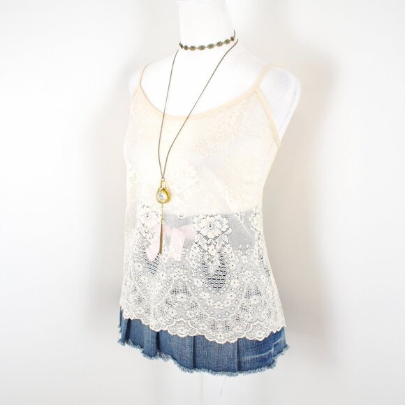 VTG 00s Y2K Coquette Cream Floral Sheer Mesh Lace Sleeveless Cami Top Size Large - Picture 2 of 7